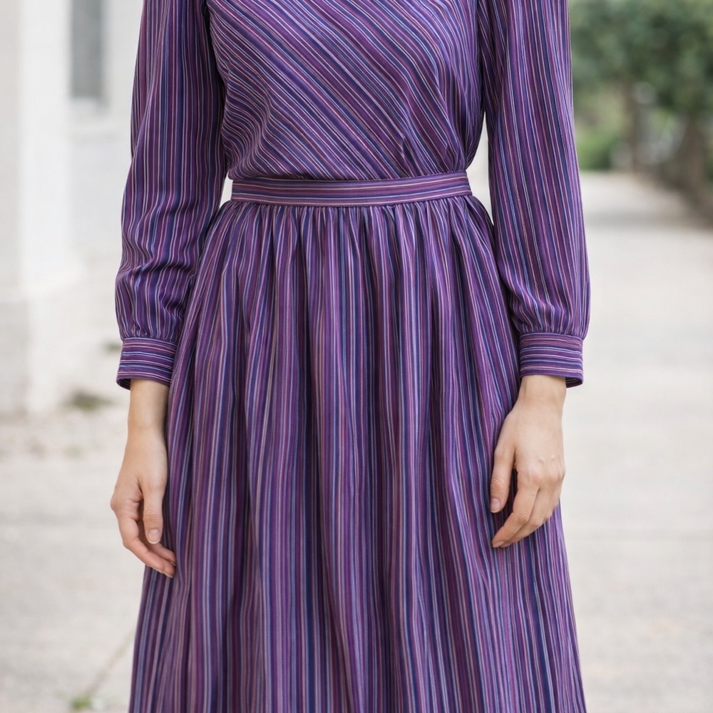 1980s Jonathan Martin Purple Striped Long Sleeve Skirt and Blouse Set
